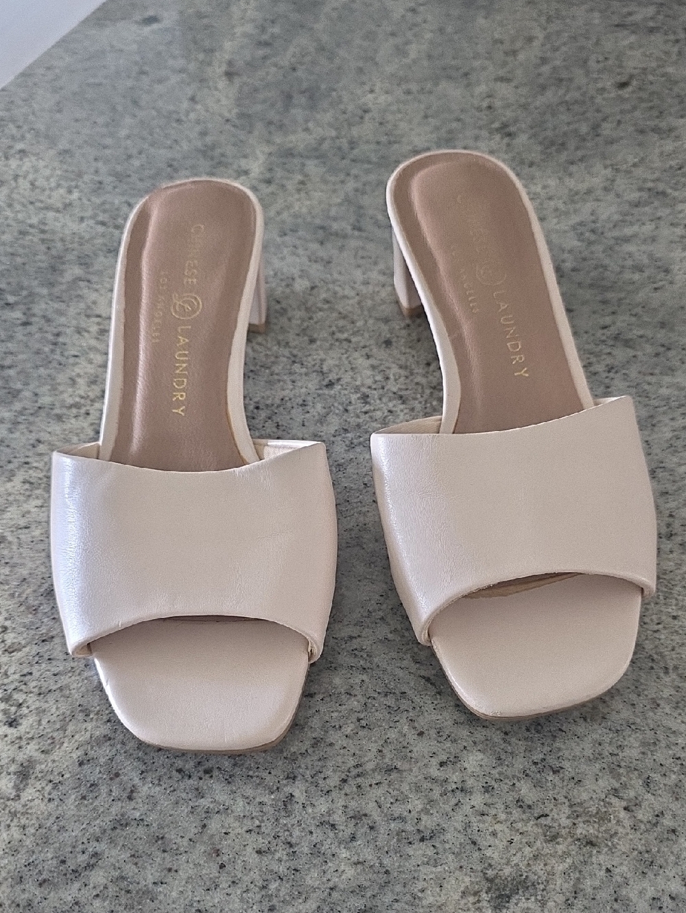 Chinese Laundry Cream Open-Toe Block Heel Slip On Heels